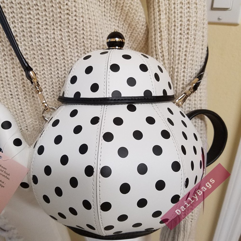 NWT KATE SPADE 100% AUTHENTIC TEAPOT CROSSBODY BLACK POLKA DOTS WHITE KETTLE